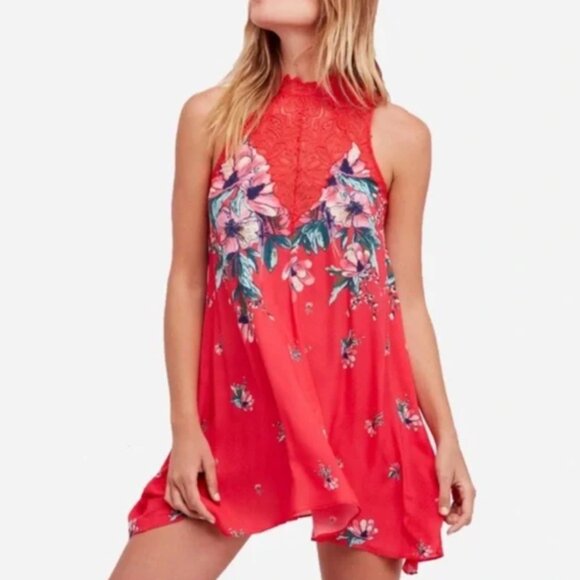 Free People Dresses & Skirts - EUC Women's Free People Intimates Red Lace Floral Sleeveless Mini Dress Size XS